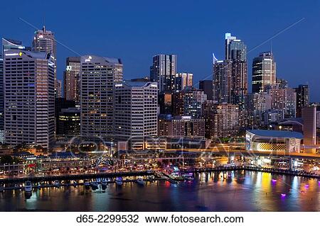 Australia, New South Wales, NSW, Sydney, CBD, Darling Harbour, Cockle Bay Wharf, elevated view, dusk. View Large Photo Image Stock Image - Australia, New South Wales, NSW, Sydney, CBD, Darling Harbour, Cockle Bay Wharf, elevated view, dusk.. Fotosearch