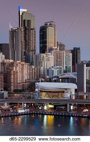 Australia, New South Wales, NSW, Sydney, CBD, Darling Harbour, elevated view, dusk. View Large Photo Image Stock Photo - Australia, New South Wales, NSW, Sydney, CBD, Darling Harbour, elevated view, dusk.. Fotosearch