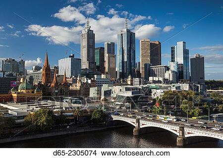 Picture - Australia, Victoria, VIC, Melbourne, skyline with Yarra River and Princess Bridge, late afternoon, elevated view.. Fotosearch