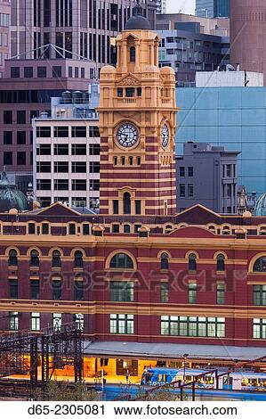 Australia, Victoria, VIC, Melbourne, Flinders Street Train Station, elevated view, dawn. View Large Photo Image Stock Image - Australia, Victoria, VIC, Melbourne, Flinders Street Train Station, elevated view, dawn.. Fotosearch