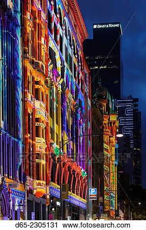 Australia, Victoria, VIC, Melbourne, White Nights Festival, buildings lit with projected laser designs, buildings along Flinders Street. View Large Photo Image Stock Image - Australia, Victoria, VIC, Melbourne, White Nights Festival, buildings lit with projected laser designs, buildings along Flinders Street.. Fotosearch