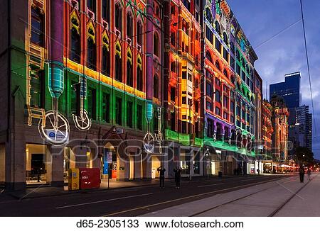 Australia, Victoria, VIC, Melbourne, White Nights Festival, buildings lit with projected laser designs, buildings along Flinders Street. View Large Photo Image Stock Image - Australia, Victoria, VIC, Melbourne, White Nights Festival, buildings lit with projected laser designs, buildings along Flinders Street.. Fotosearch