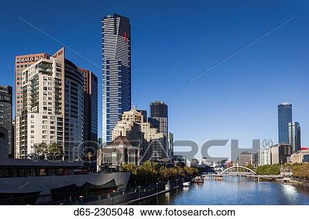 Australia, Victoria, VIC, Melbourne, Southbank skyline and Eureka Tower from Yarra River, morning. View Large Photo Image Stock Photo - Australia, Victoria, VIC, Melbourne, Southbank skyline and Eureka Tower from Yarra River, morning.. Fotosearch
