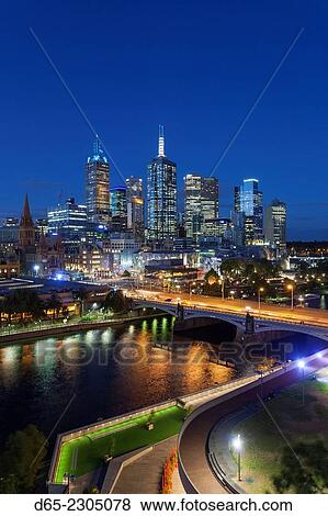 Australia, Victoria, VIC, Melbourne, skyline with Yarra River and Princess Bridge, elevated view, dusk. View Large Photo Image Stock Photo - Australia, Victoria, VIC, Melbourne, skyline with Yarra River and Princess Bridge, elevated view, dusk.. Fotosearch