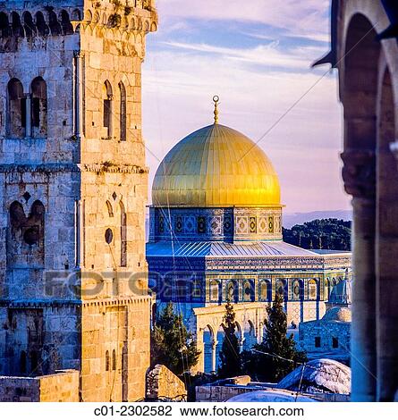 Bab Al-Ghawanima minaret and Dome of the Rock at sunset Jerusalem Israel. View Large Photo Image Stock Image - Bab Al-Ghawanima minaret and Dome of the Rock at sunset Jerusalem Israel.. Fotosearch