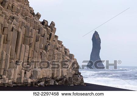 Bassalt ciff, Blac beach, Reynisdrangar, Vik, Southern Iceland, Iceland, Europe. View Large Photo Image Stock Photo - Bassalt ciff, Blac beach, Reynisdrangar, Vik, Southern Iceland, Iceland, Europe.. Fotosearch
