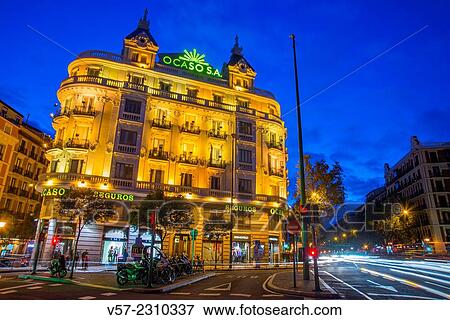 Stock Photo - Bilbao Square, night view. Madrid, Spain.. Fotosearch