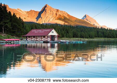 Boathouse at Maligne Lake in the Canadian Rocky Mountains, Jasper National Park, Alberta, Canada View Large Photo Image Stock Photo - Boathouse at Maligne Lake in the Canadian Rocky Mountains, Jasper National Park, Alberta, Canada. Fotosearch