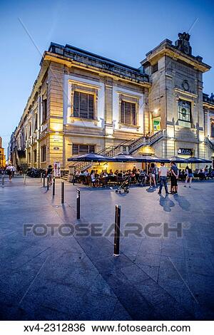 Stock Photograph - Bretxa Market. Old town of San Sebastián by night. Donostia, Basque Country, Spain.. Fotosearch