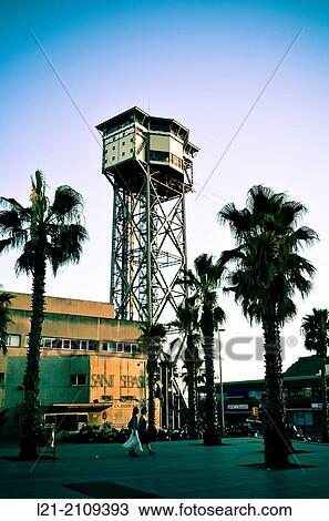 Stock Image - Cable car tower station. Barceloneta, Barcelona, Catalonia, Spain.. Fotosearch