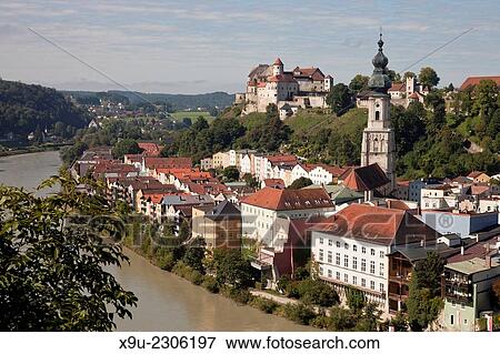 Cityscape Burghausen on the Salzach river with castle and parish church St. Jakob in Burghausen, Bavaria, Germany, Europe. View Large Photo Image Stock Photo - Cityscape Burghausen on the Salzach river with castle and parish church St. Jakob in Burghausen, Bavaria, Germany, Europe.. Fotosearch