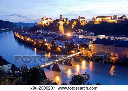 Cityscape Burghausen on the Salzach river with castle and parish church St. Jakob in Burghausen at night, Bavaria, Germany, Europe. View Large Photo Image Stock Photo - Cityscape Burghausen on the Salzach river with castle and parish church St. Jakob in Burghausen at night, Bavaria, Germany, Europe.. Fotosearch