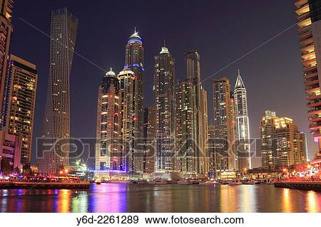 Dubai Marina at Night, United Arab Emirates. View Large Photo Image Stock Photo - Dubai Marina at Night, United Arab Emirates.. Fotosearch