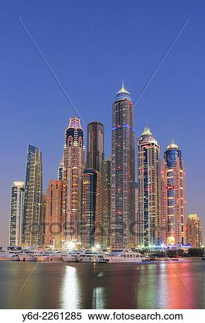 Dubai Marina at Night, United Arab Emirates. View Large Photo Image Stock Photography - Dubai Marina at Night, United Arab Emirates.. Fotosearch