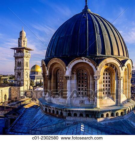 Ecce Homo basilica´s dome with Bab Al-Ghawanima minaret and Dome of the Rock Jerusalem Israel. View Large Photo Image Stock Image - Ecce Homo basilica´s dome with Bab Al-Ghawanima minaret and Dome of the Rock Jerusalem Israel.. Fotosearch