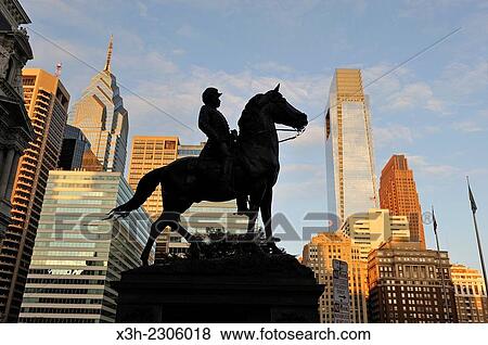 Stock Photo - equestrian statue of General George B. McClellan sculptor Henry Jackson Ellicott beside the City Hall on JFK Boulevard, Philadelphia, Commonwealth of Pennsylvania, Northeastern United States,.. Fotosearch