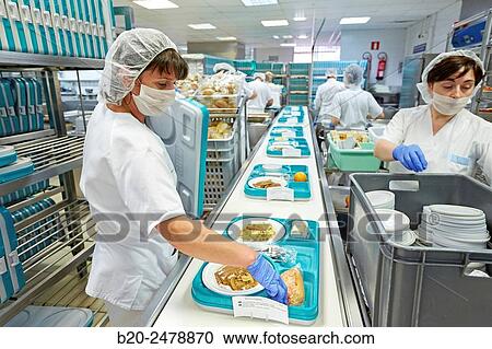 Stock Image - Food serving line, Hospital meal preparation, Kitchen, Hospital Donostia, San Sebastian, Gipuzkoa, Basque Country, Spain. Fotosearch