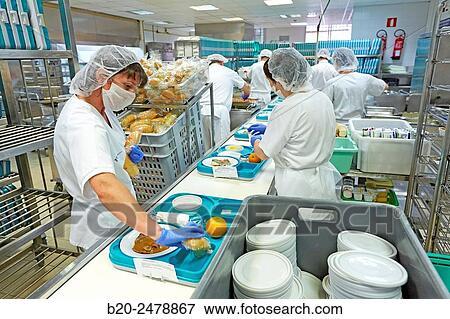 Stock Photo - Food serving line, Hospital meal preparation, Kitchen, Hospital Donostia, San Sebastian, Gipuzkoa, Basque Country, Spain. Fotosearch