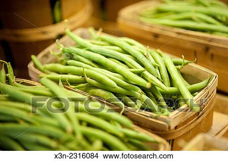 Picture - Fresh green beans in wicker containers in Denton, Maryland, USA.. Fotosearch