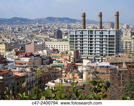 General view and three chimneys, Barcelona, Catalonia, Spain View Large Photo Image Picture - General view and three chimneys, Barcelona, Catalonia, Spain. Fotosearch