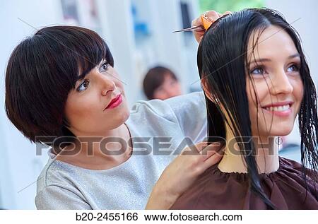 Hairdresser cutting the hair of a woman. Hairdressing salon and Beauty Clinic. View Large Photo Image Stock Photograph - Hairdresser cutting the hair of a woman. Hairdressing salon and Beauty Clinic.. Fotosearch