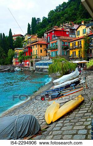 Italy, Lombardy, Lake Como, Varenna, View of waterfront at lake View Large Photo Image Stock Photograph - Italy, Lombardy, Lake Como, Varenna, View of waterfront at lake. Fotosearch