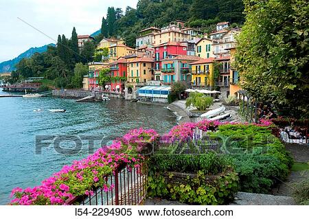 Italy, Lombardy, Lake Como, Varenna, View of waterfront at lake View Large Photo Image Stock Photography - Italy, Lombardy, Lake Como, Varenna, View of waterfront at lake. Fotosearch