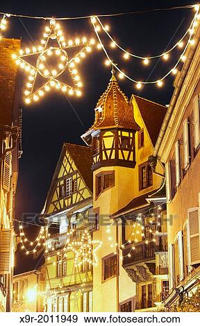 Maison Pfister (German Reinaissance) with Christmas lights at night. Colmar. Wine route. Haut-Rhin. Alsace. France. View Large Photo Image Stock Photo - Maison Pfister (German Reinaissance) with Christmas lights at night. Colmar. Wine route. Haut-Rhin. Alsace. France.. Fotosearch