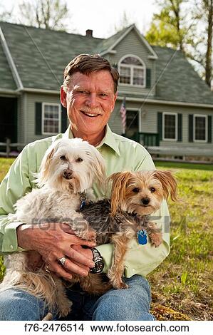 Man in blue jeans (MR# G120513), sitting on lawn in front of his home, holding his small yorkshire terrier and maltese in his lap. View Large Photo Image Picture - Man in blue jeans (MR# G120513), sitting on lawn in front of his home, holding his small yorkshire terrier and maltese in his lap.. Fotosearch