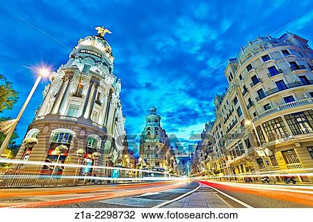 Metropolis building and Gran Via street at twilight. Madrid, Spain. View Large Photo Image Stock Image - Metropolis building and Gran Via street at twilight. Madrid, Spain.. Fotosearch