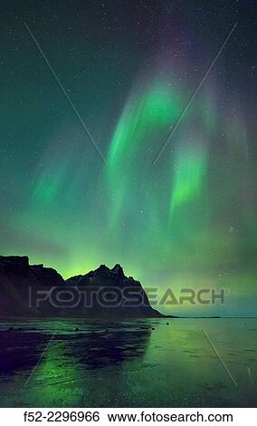 Stock Photograph - Northern Lights, Stokksnes Peninsula, Hofn, Southern Iceland, Iceland, Europe.. Fotosearch