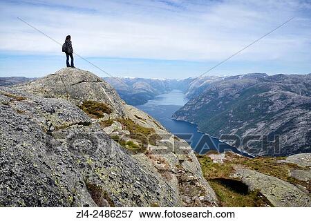Norway, Rogaland, Lysefjord, hiker on the trail to Preikestolen (Pulpit Rock) 600m above the fjord, Model Released. View Large Photo Image Stock Photo - Norway, Rogaland, Lysefjord, hiker on the trail to Preikestolen (Pulpit Rock) 600m above the fjord, Model Released.. Fotosearch
