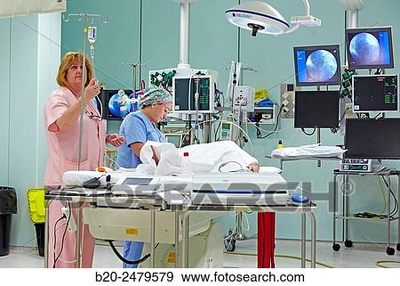 Stock Photo - Operating room for placement of defibrillator. Intensive Care Unit ICU, Hospital Donostia, San Sebastian, Gipuzkoa, Basque Country, Spain. Fotosearch
