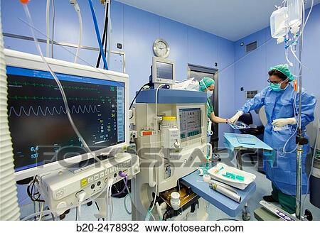 Stock Image - Operating room, Prostate cancer robotic surgery, Da Vinci surgical robot, Urology, Hospital Donostia, San Sebastian, Gipuzkoa, Basque Country, Spain. Fotosearch
