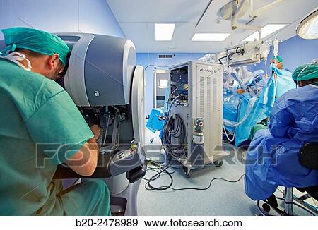 Stock Photo - Operating room, Prostate cancer robotic surgery, Da Vinci surgical robot, Urology, Hospital Donostia, San Sebastian, Gipuzkoa, Basque Country, Spain. Fotosearch