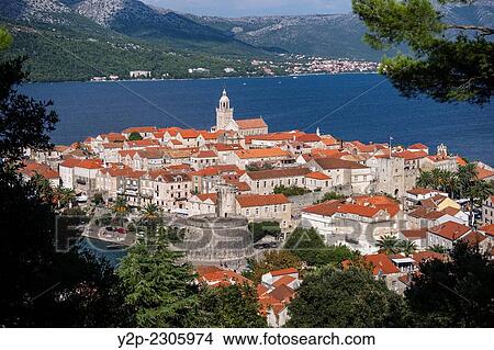 Panoramic view of Korcula town in Croatia. View Large Photo Image Picture - Panoramic view of Korcula town in Croatia.. Fotosearch