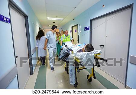 Picture - Patient transfer stretcher, Emergency room, Hospital Donostia, San Sebastian, Gipuzkoa, Basque Country, Spain. Fotosearch