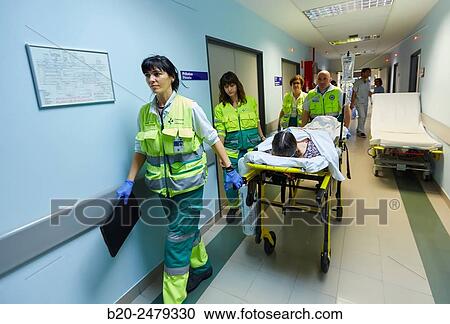 Stock Image - Patient transfer stretcher, Emergency room, Hospital Donostia, San Sebastian, Gipuzkoa, Basque Country, Spain. Fotosearch