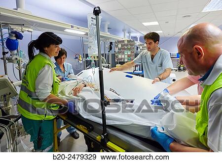 Stock Photo - Patient transfer stretcher, Emergency room, Hospital Donostia, San Sebastian, Gipuzkoa, Basque Country, Spain. Fotosearch
