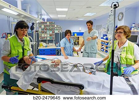 Stock Photography - Patient transfer stretcher, Emergency room, Hospital Donostia, San Sebastian, Gipuzkoa, Basque Country, Spain. Fotosearch