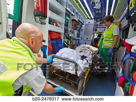 Stock Photo - Patient transfer stretcher, Medicalized ambulance, Emergency room, Hospital Donostia, San Sebastian, Gipuzkoa, Basque Country, Spain. Fotosearch