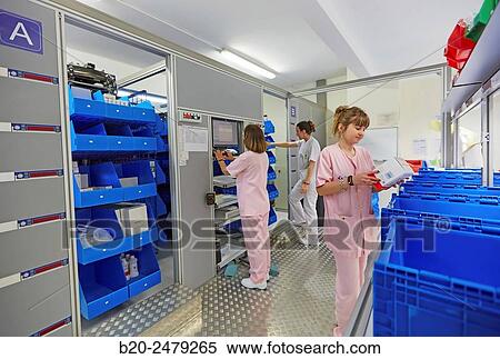 Stock Photography - Preparation of drugs, Chaotic storage, Pharmacy, Hospital Donostia, San Sebastian, Gipuzkoa, Basque Country, Spain. Fotosearch