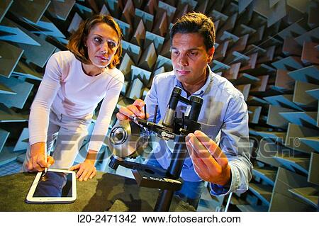 Stock Image - Researchers. Acoustic chamber. EMC & Telecom Lab. Certification of Low Voltage Electrical & Electronic Products. Technological Services to Industry. Tecnalia Research & innovation. Bizkaia. Basque Country. Spain.. Fotosearch