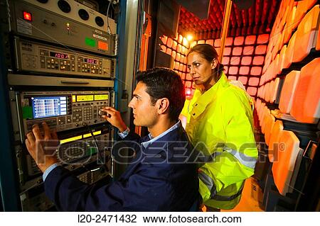 Stock Image - Researchers. Anechoic chamber. EMC & Telecom Lab. Certification of Low Voltage Electrical & Electronic Products. Technological Services to Industry. Tecnalia Research & innovation. Bizkaia. Basque Country. Spain.. Fotosearch