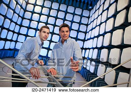 Stock Photo - Researchers. Anechoic chamber. EMC & Telecom Lab. Certification of Low Voltage Electrical & Electronic Products. Technological Services to Industry. Tecnalia Research & innovation. Bizkaia. Basque Country. Spain.. Fotosearch