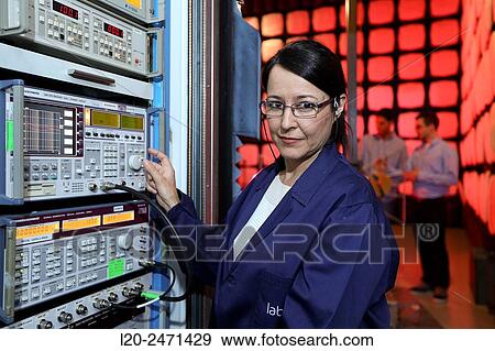Stock Photo - Researchers. Anechoic chamber. EMC & Telecom Lab. Certification of Low Voltage Electrical & Electronic Products. Technological Services to Industry. Tecnalia Research & innovation. Bizkaia. Basque Country. Spain.. Fotosearch