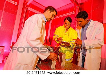 Stock Image - Researchers. Vibration Chamber Laboratory. EMC & Telecom Lab. Certification of Low Voltage Electrical & Electronic Products. Technological Services to Industry. Tecnalia Research & innovation. Bizkaia. Basque Country. Spain.. Fotosearch