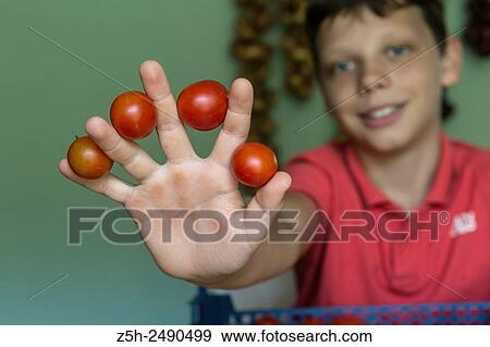 Stock Photo - Russia. Boy cut raw vegetables on the kitchen table.. Fotosearch