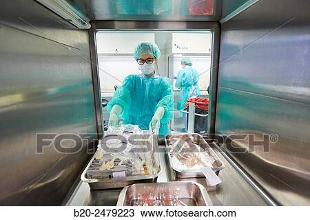 Stock Image - SAS window, Preparation of drugs, Clean room, Pharmacy, Hospital Donostia, San Sebastian, Gipuzkoa, Basque Country, Spain. Fotosearch