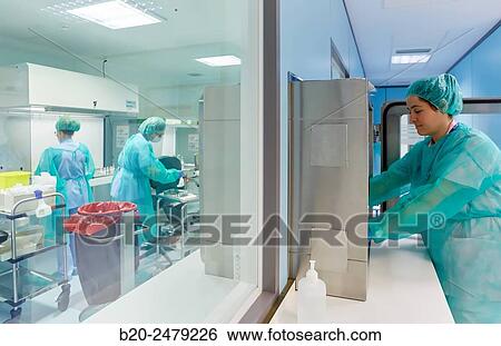 Stock Photograph - SAS window, Preparation of drugs, Clean room, Pharmacy, Hospital Donostia, San Sebastian, Gipuzkoa, Basque Country, Spain. Fotosearch